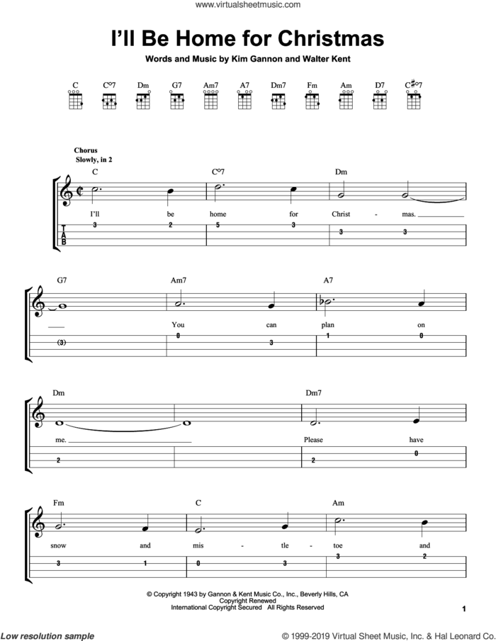 I'll Be Home For Christmas sheet music for ukulele (easy tablature) (ukulele easy tab) by Bing Crosby, Kim Gannon and Walter Kent, intermediate skill level