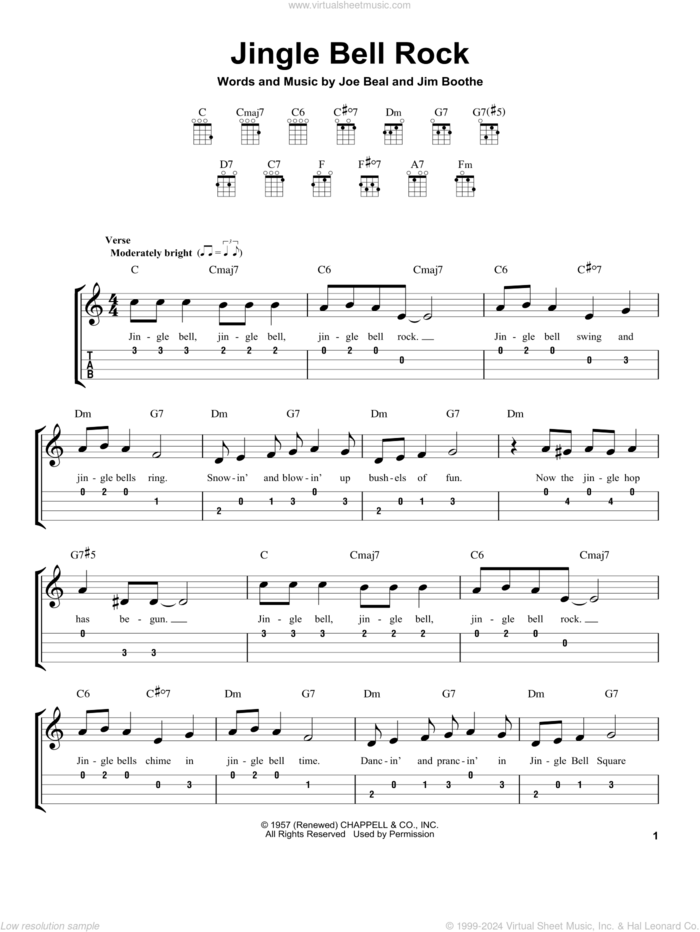 Jingle Bell Rock sheet music for ukulele (easy tablature) (ukulele easy tab) by Bobby Helms, Jim Boothe and Joe Beal, intermediate skill level