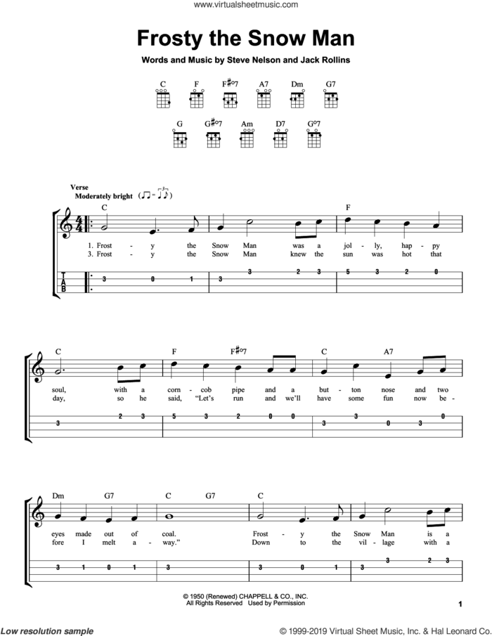 Frosty The Snow Man sheet music for ukulele (easy tablature) (ukulele easy tab) by Gene Autry, Jack Rollins and Steve Nelson, intermediate skill level