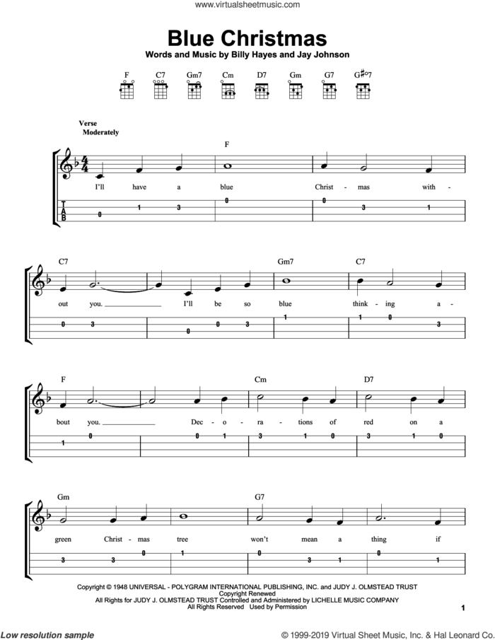 Blue Christmas sheet music for ukulele (easy tablature) (ukulele easy tab) by Elvis Presley, Billy Hayes and Jay Johnson, intermediate skill level