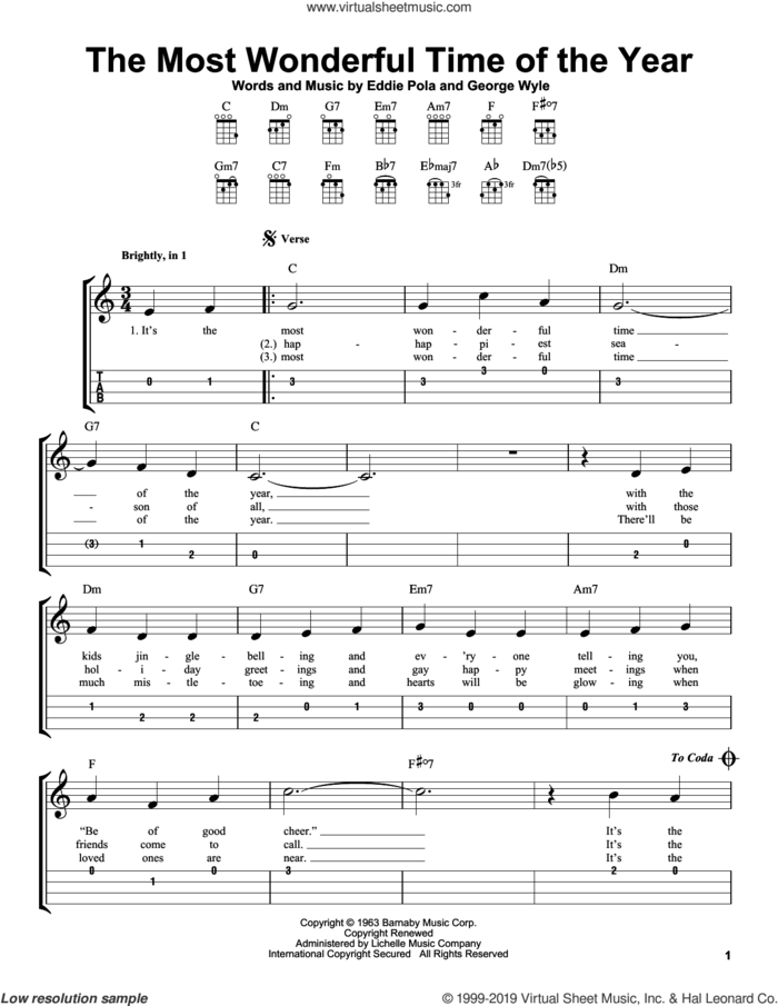The Most Wonderful Time Of The Year sheet music for ukulele (easy tablature) (ukulele easy tab) by George Wyle and Eddie Pola, intermediate skill level