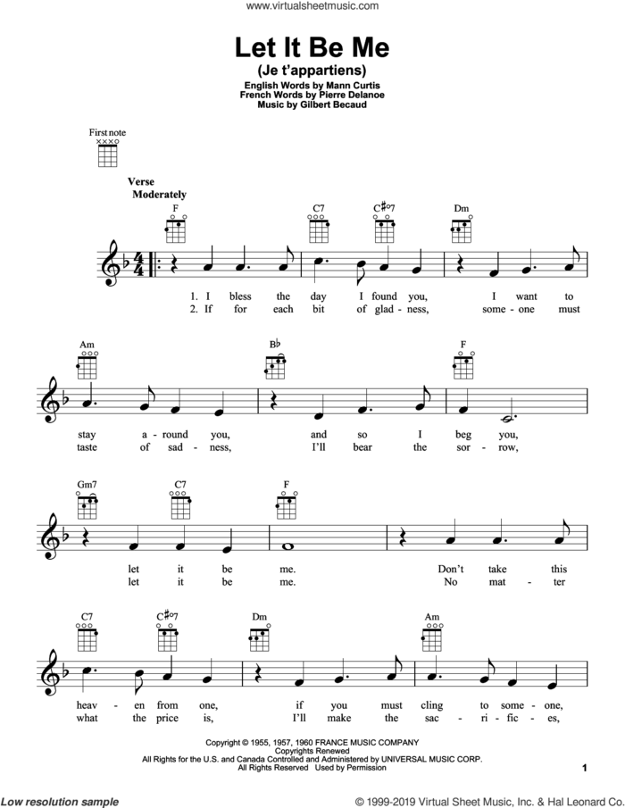 Let It Be Me (Je T'appartiens) sheet music for ukulele by Everly Brothers, Gilbert Becaud, Mann Curtis and Pierre Delanoe, intermediate skill level