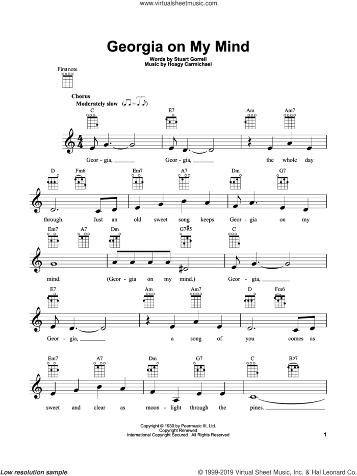 Georgia On My Mind sheet music for ukulele by Ray Charles, Hoagy Carmichael and Stuart Gorrell, intermediate skill level
