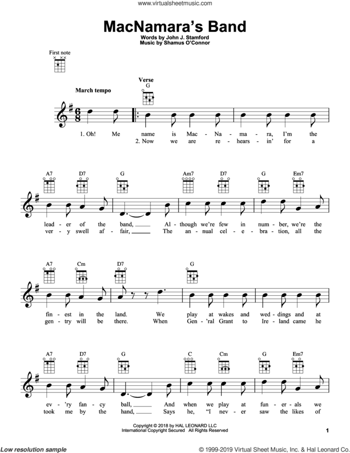 MacNamara's Band sheet music for ukulele by Shamus O'Connor and John J. Stamford, intermediate skill level