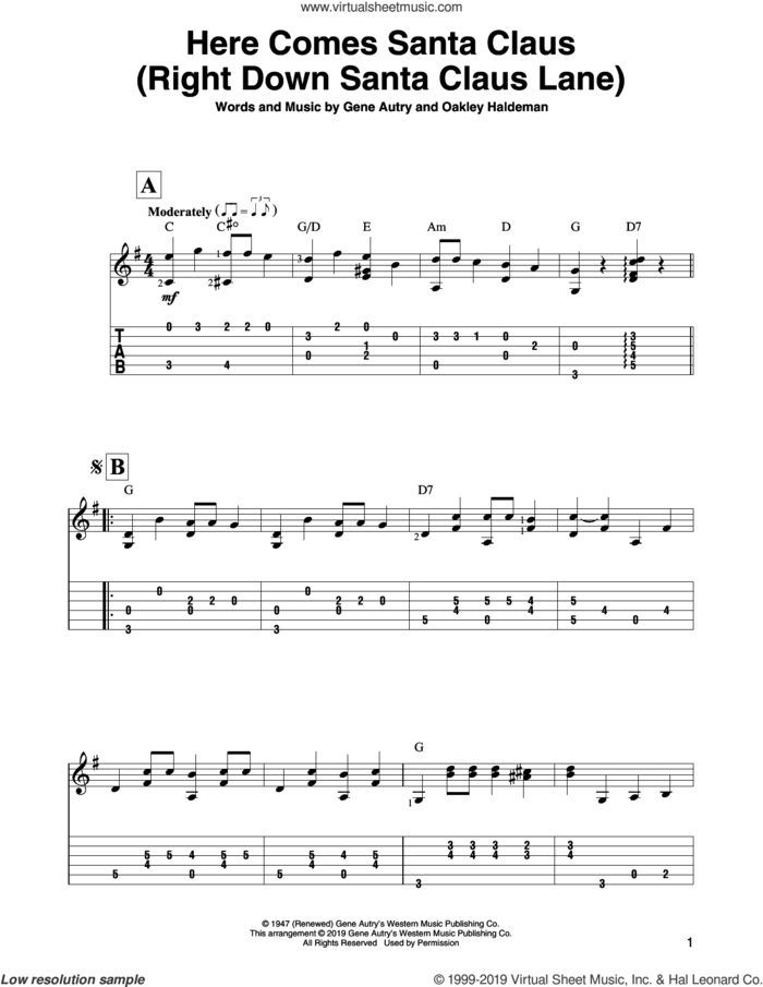Here Comes Santa Claus (Right Down Santa Claus Lane) sheet music for guitar solo by Gene Autry and Oakley Haldeman, intermediate skill level