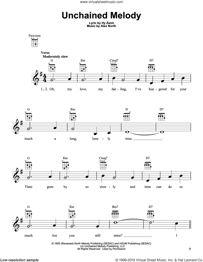 Unchained Melody sheet music for ukulele by The Righteous Brothers, Alex North and Hy Zaret, wedding score, intermediate skill level