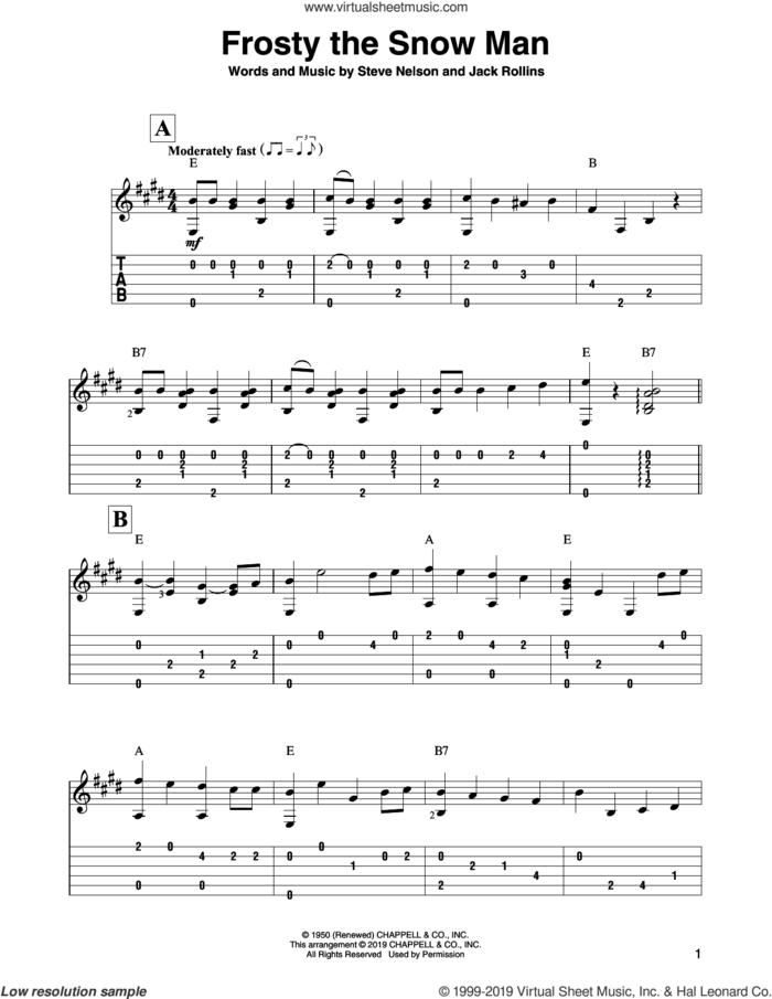 Frosty The Snow Man, (intermediate) sheet music for guitar solo by Gene Autry, Jack Rollins and Steve Nelson, intermediate skill level