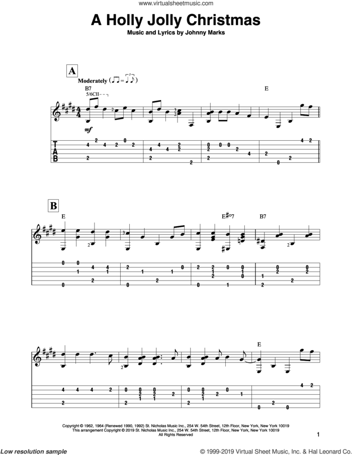 A Holly Jolly Christmas sheet music for guitar solo by Johnny Marks, intermediate skill level