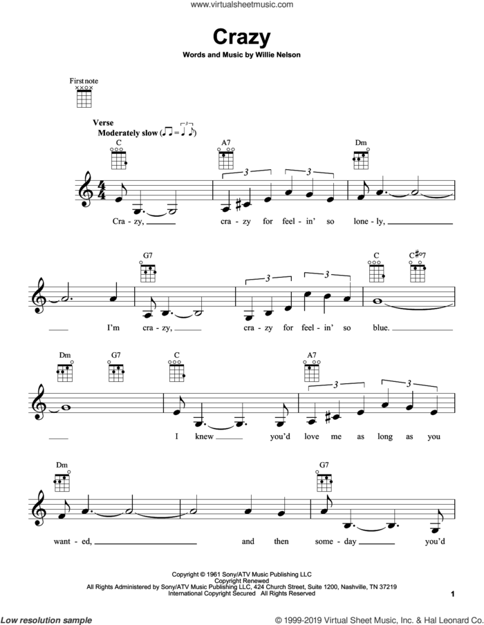 Crazy sheet music for ukulele by Patsy Cline and Willie Nelson, intermediate skill level