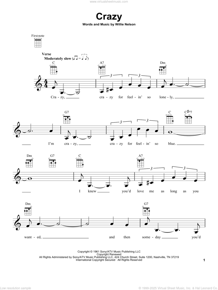 Crazy sheet music for ukulele by Patsy Cline and Willie Nelson, intermediate skill level