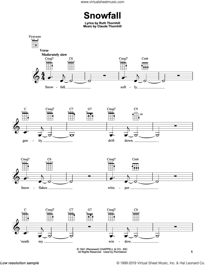 Snowfall sheet music for ukulele by Tony Bennett, Claude Thornhill and Ruth Thornhill, intermediate skill level