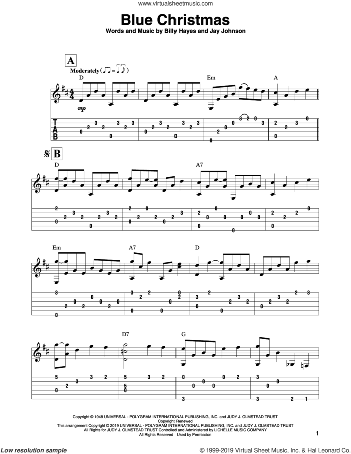 Blue Christmas sheet music for guitar solo by Elvis Presley, Billy Hayes and Jay Johnson, intermediate skill level