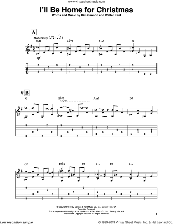 I'll Be Home For Christmas sheet music for guitar solo by Bing Crosby, Kim Gannon and Walter Kent, intermediate skill level
