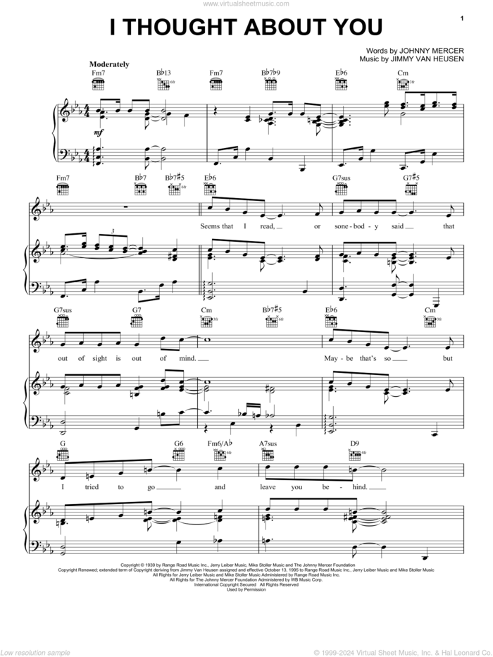 I Thought About You sheet music for voice, piano or guitar by Frank Sinatra, Jimmy Van Heusen and Johnny Mercer, intermediate skill level