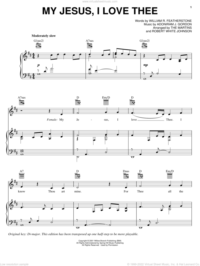 My Jesus, I Love Thee sheet music for voice, piano or guitar by The Martins, Adoniram J. Gordon and William R. Featherstone, intermediate skill level