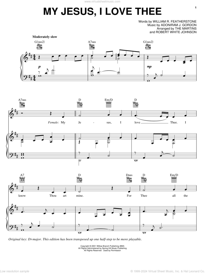 My Jesus, I Love Thee sheet music for voice, piano or guitar by The Martins, Adoniram J. Gordon and William R. Featherstone, intermediate skill level