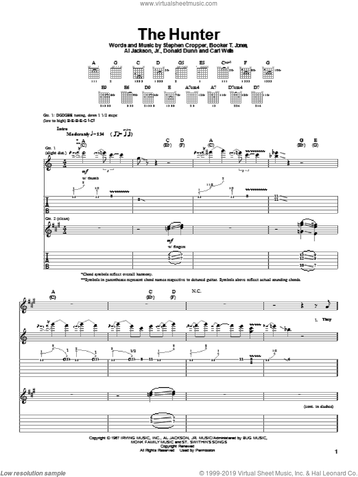 The Hunter sheet music for guitar (tablature) by Albert King, Al Jackson, Jr., Booker T. Jones and Stephen Cropper, intermediate skill level