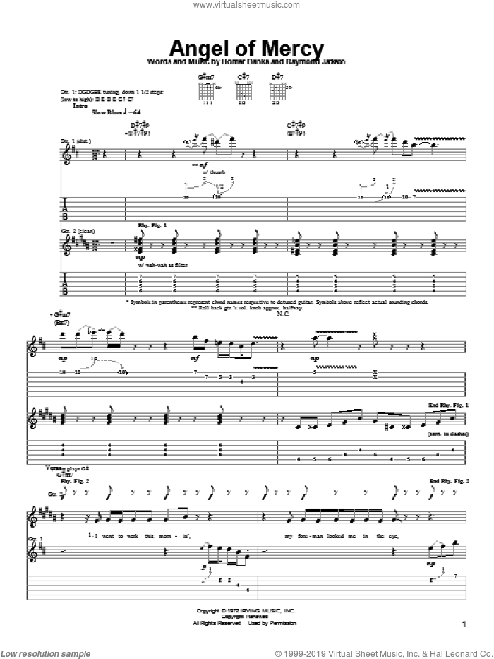 Angel Of Mercy sheet music for guitar (tablature) by Albert King, Homer Banks and Raymond Jackson, intermediate skill level