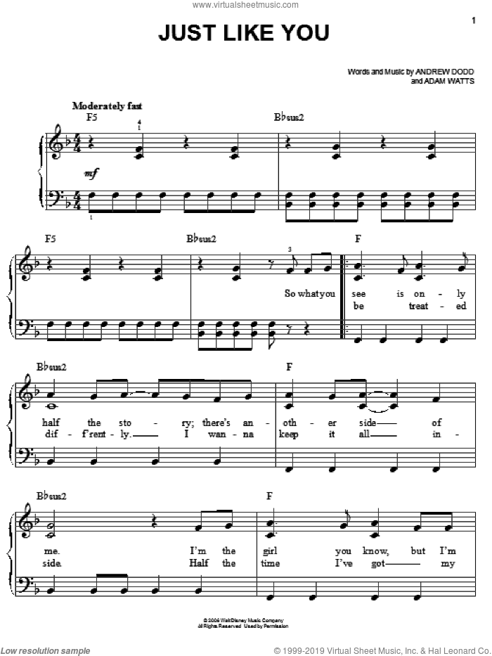 Just Like You sheet music for piano solo by Hannah Montana, Miley Cyrus, Adam Watts and Andrew Dodd, easy skill level