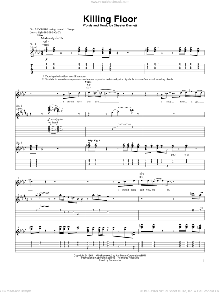 Killing Floor sheet music for guitar (tablature) by Albert King, Mike Bloomfield and Chester Burnett, intermediate skill level
