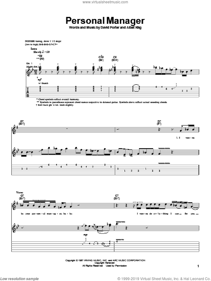 Personal Manager sheet music for guitar (tablature) by Albert King and David Porter, intermediate skill level