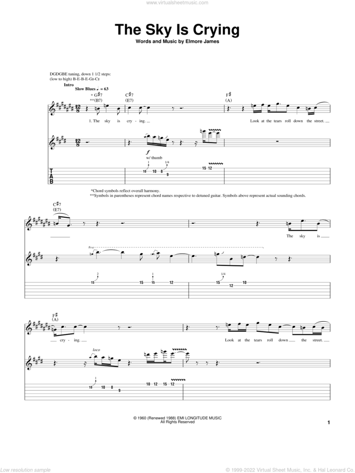 The Sky Is Crying sheet music for guitar (tablature) by Albert King, Eric Clapton, Stevie Ray Vaughan and Elmore James, intermediate skill level