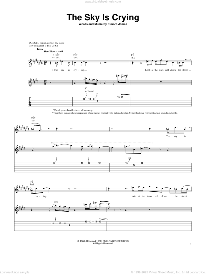 The Sky Is Crying sheet music for guitar (tablature) by Albert King, Eric Clapton, Stevie Ray Vaughan and Elmore James, intermediate skill level