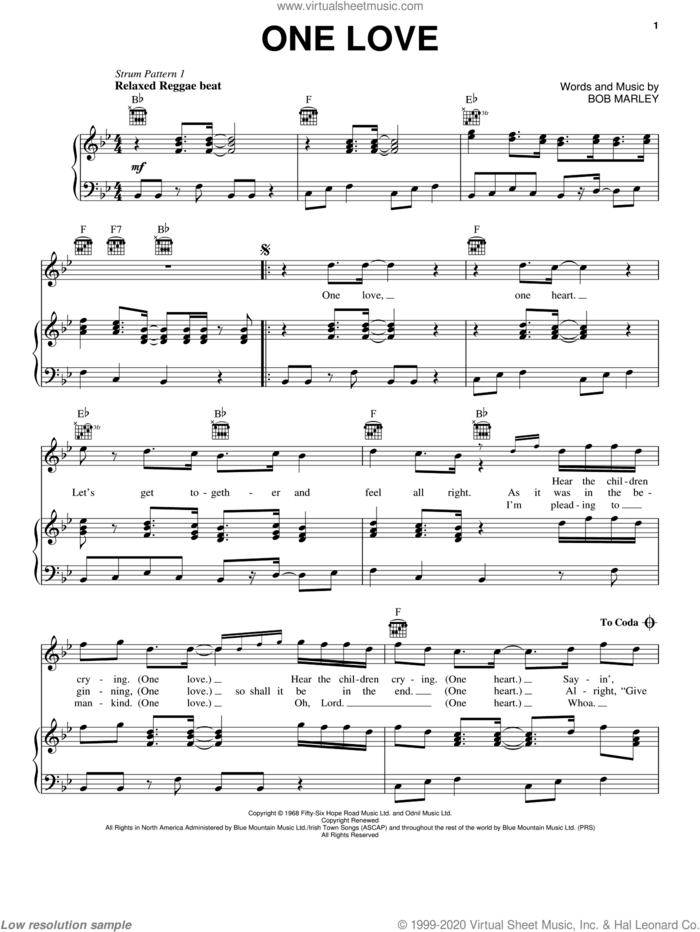 One Love sheet music for voice, piano or guitar by Bob Marley, intermediate skill level