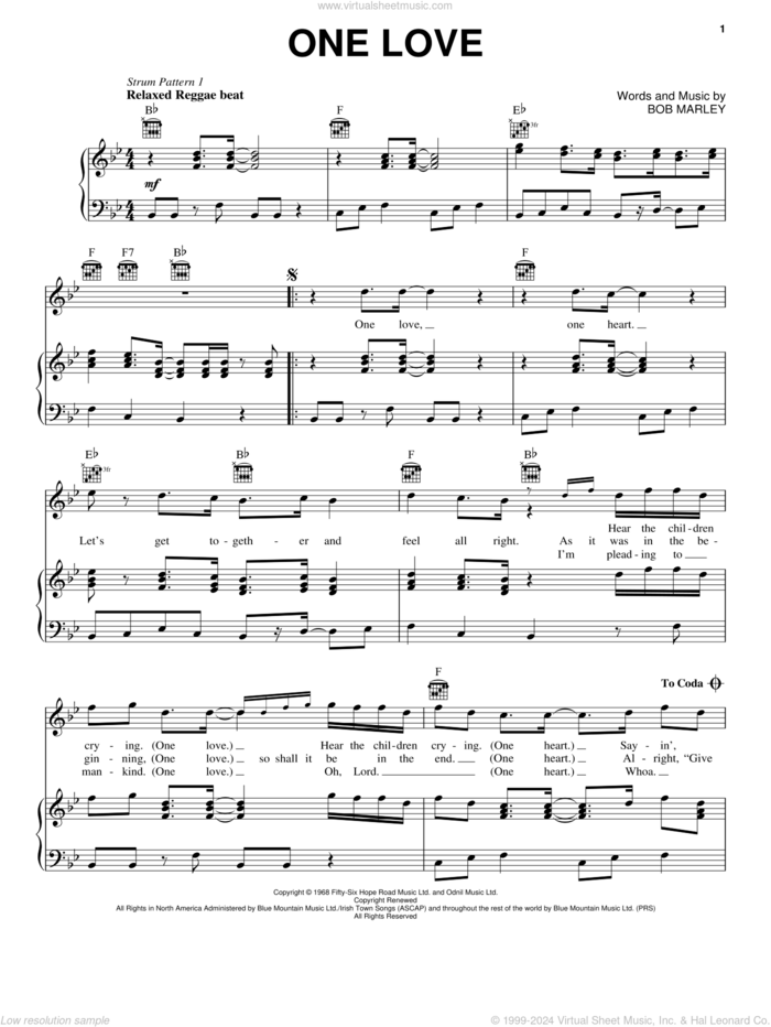 One Love sheet music for voice, piano or guitar by Bob Marley, intermediate skill level