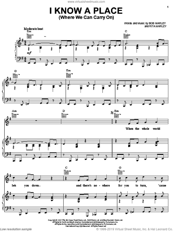 I Know A Place (Where We Can Carry On) sheet music for voice, piano or guitar by Bob Marley and Rita Marley, intermediate skill level