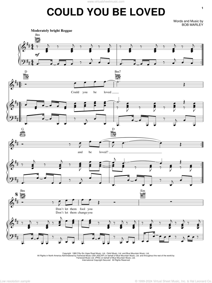 Could You Be Loved sheet music for voice, piano or guitar by Bob Marley and Bob Marley and The Wailers, intermediate skill level