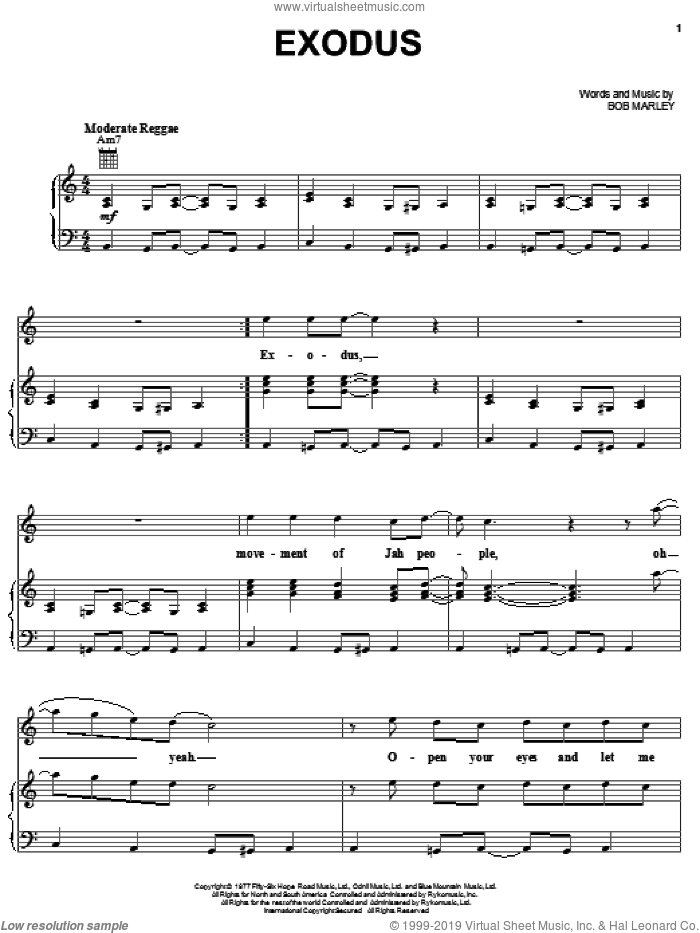 Exodus sheet music for voice, piano or guitar by Bob Marley, intermediate skill level