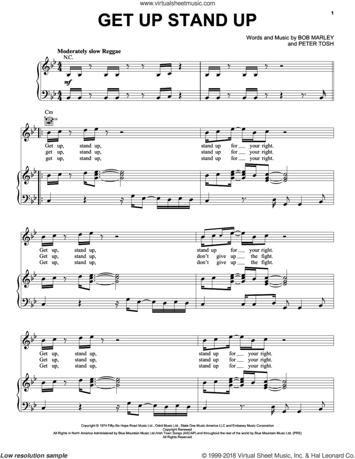 Get Up Stand Up sheet music for voice, piano or guitar by Bob Marley and Peter Tosh, intermediate skill level