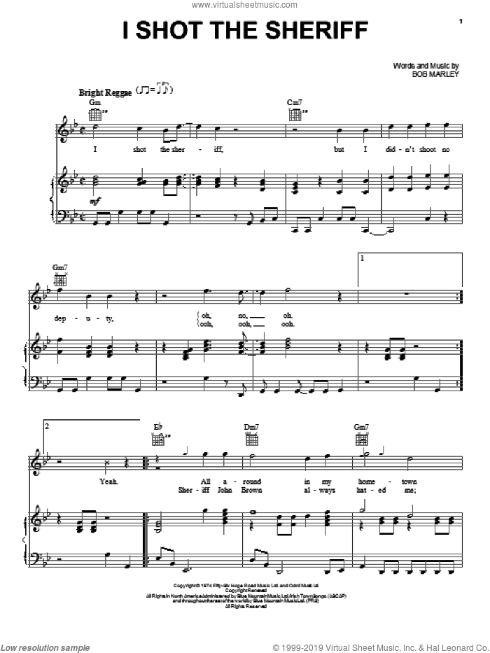 I Shot The Sheriff sheet music for voice, piano or guitar by Bob Marley, Eric Clapton and Warren G, intermediate skill level