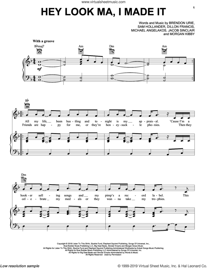 Hey Look Ma, I Made It sheet music for voice, piano or guitar by Panic! At The Disco, Brendon Urie, Dillon Francis, Jacob Sinclair, Michael Angelakos, Morgan Kibby and Sam Hollander, intermediate skill level