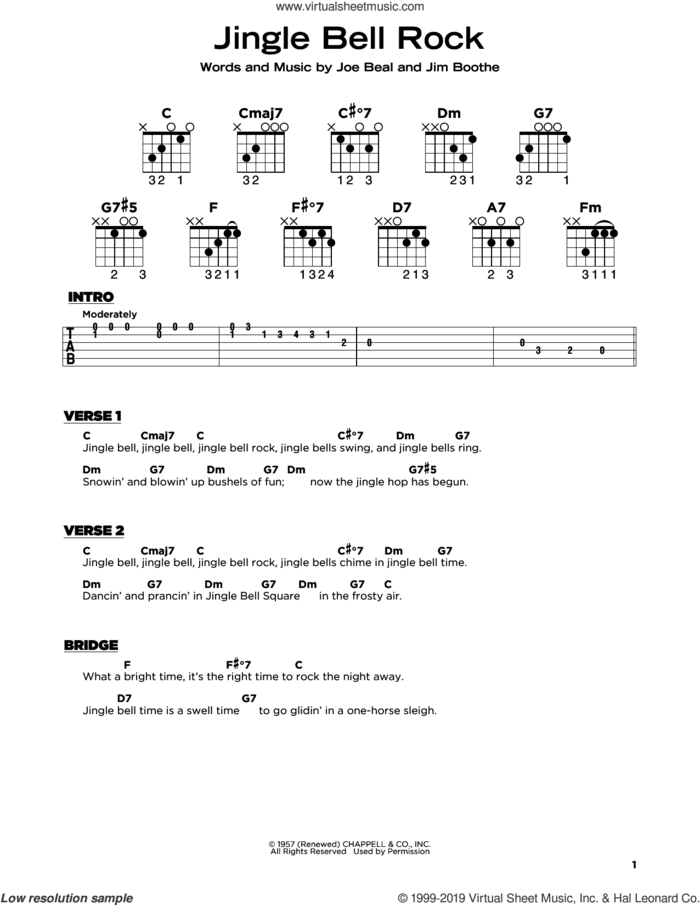 Jingle Bell Rock sheet music for guitar solo by Bobby Helms, Jim Boothe and Joe Beal, beginner skill level