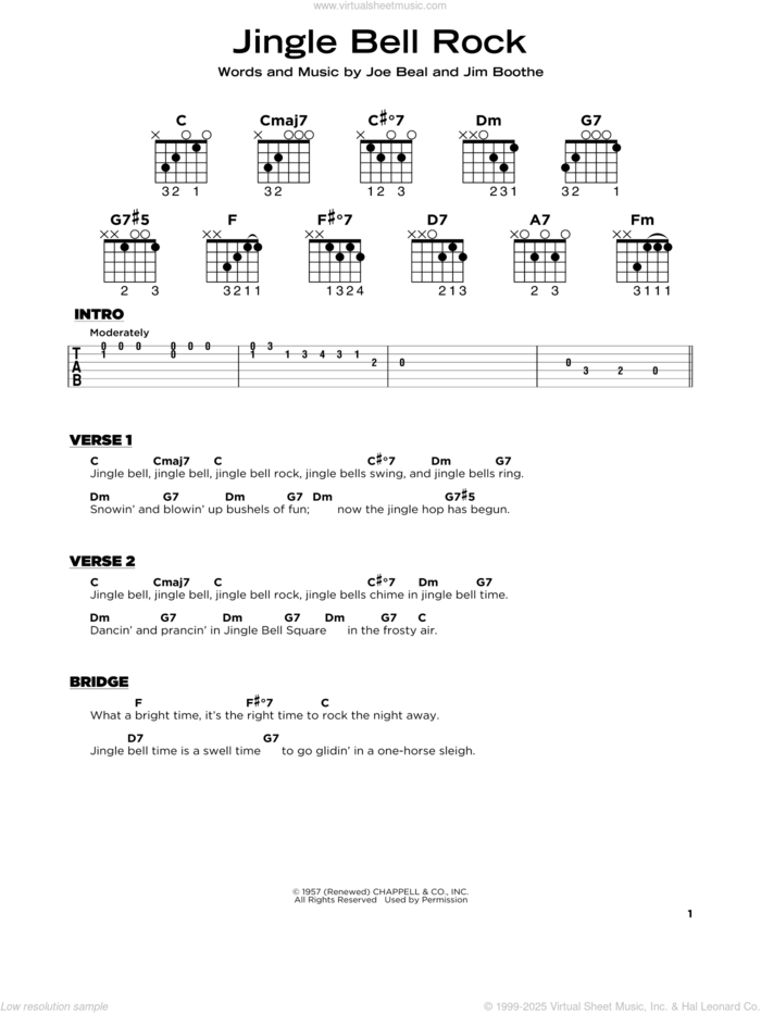 Jingle Bell Rock sheet music for guitar solo by Bobby Helms, Jim Boothe and Joe Beal, beginner skill level