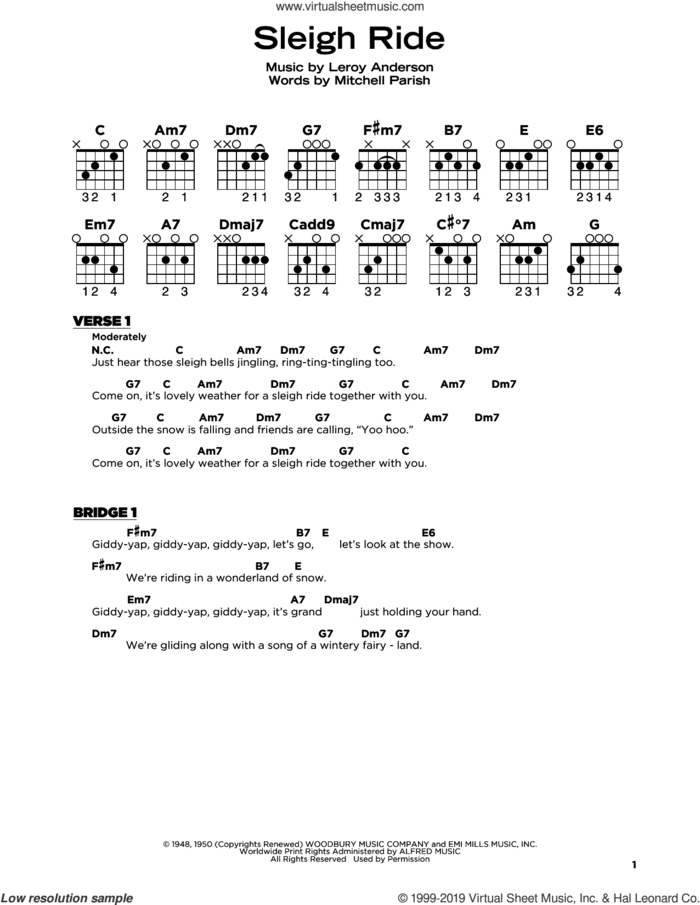 Sleigh Ride sheet music for guitar solo by Mitchell Parish and Leroy Anderson, beginner skill level