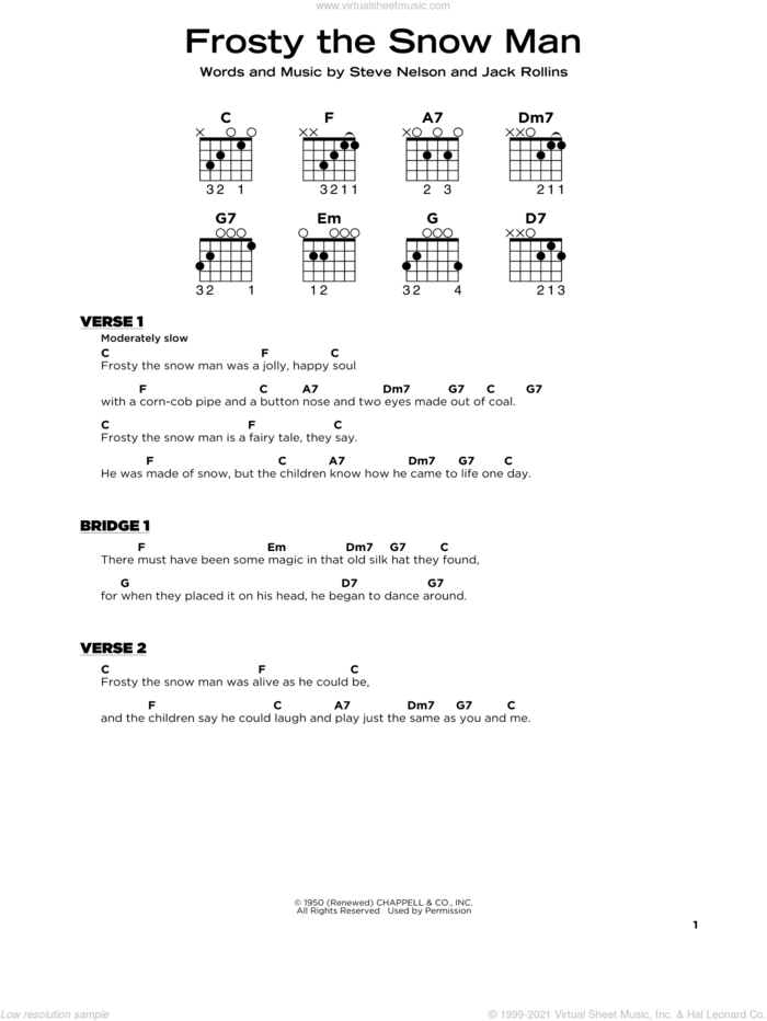 Frosty The Snow Man sheet music for guitar solo by Gene Autry, Jack Rollins and Steve Nelson, beginner skill level