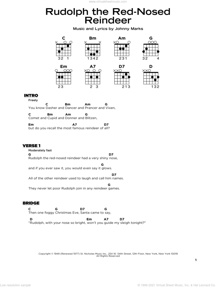 Rudolph The Red-Nosed Reindeer sheet music for guitar solo by Johnny Marks, beginner skill level