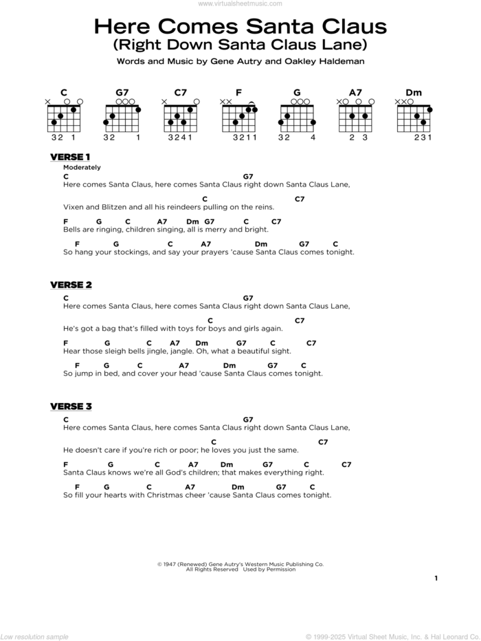 Here Comes Santa Claus (Right Down Santa Claus Lane), (beginner) sheet music for guitar solo by Gene Autry and Oakley Haldeman, beginner skill level