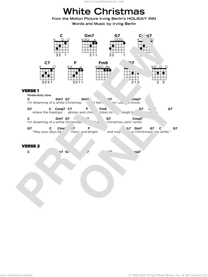 White Christmas, (beginner) sheet music for guitar solo by Irving Berlin, beginner skill level