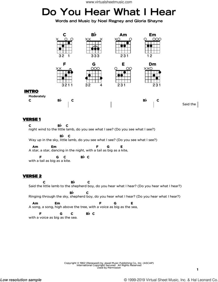 Do You Hear What I Hear sheet music for guitar solo by Gloria Shayne and Noel Regney, beginner skill level