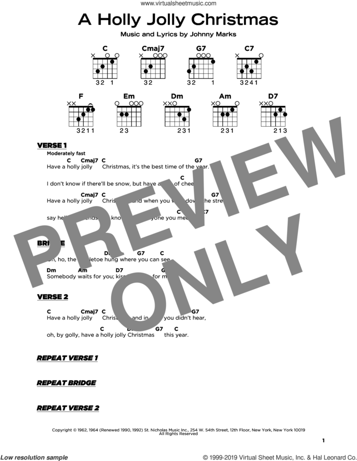 A Holly Jolly Christmas sheet music for guitar solo by Johnny Marks, beginner skill level