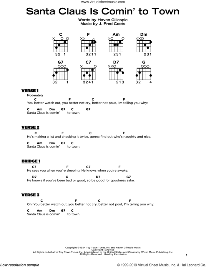 Santa Claus Is Comin' To Town sheet music for guitar solo by J. Fred Coots and Haven Gillespie, beginner skill level