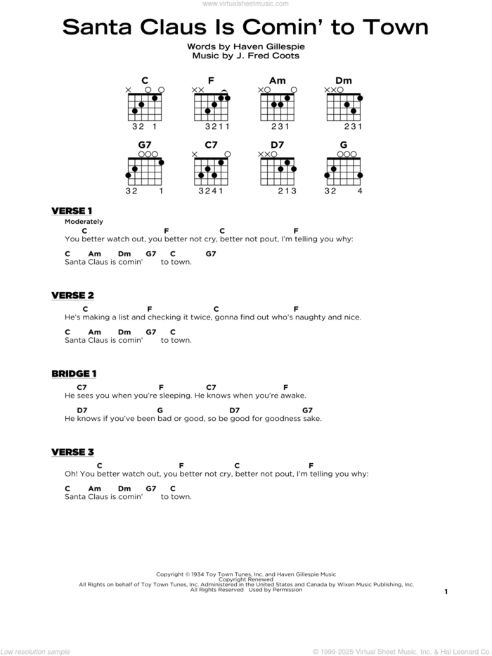 Santa Claus Is Comin' To Town sheet music for guitar solo by J. Fred Coots and Haven Gillespie, beginner skill level