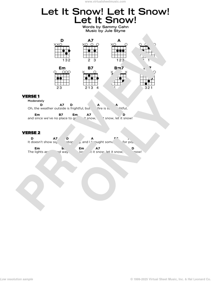 Let It Snow! Let It Snow! Let It Snow! sheet music for guitar solo by Sammy Cahn and Jule Styne, beginner skill level