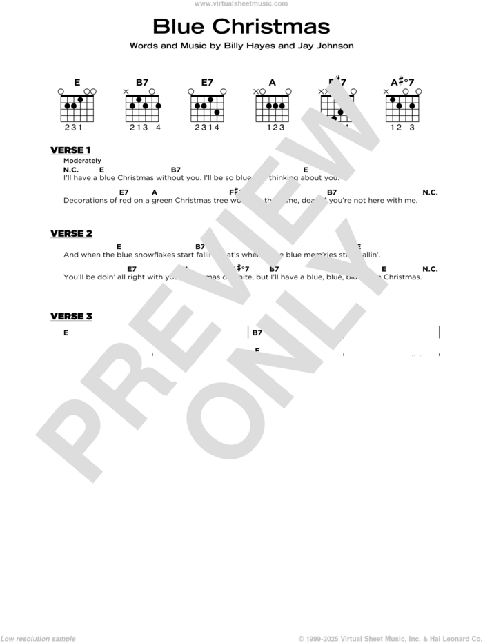 Blue Christmas, (beginner) sheet music for guitar solo by Elvis Presley, Billy Hayes and Jay Johnson, beginner skill level