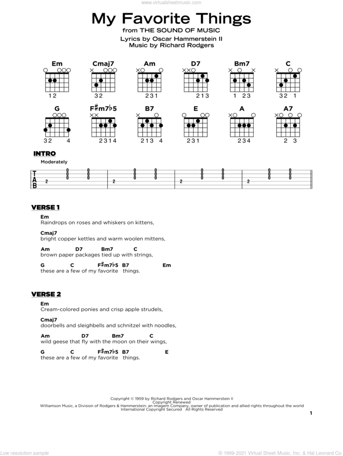 My Favorite Things, (beginner) sheet music for guitar solo by Rodgers & Hammerstein, Oscar II Hammerstein and Richard Rodgers, beginner skill level