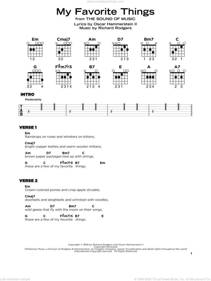 My Favorite Things, (beginner) sheet music for guitar solo by Rodgers & Hammerstein, Oscar II Hammerstein and Richard Rodgers, beginner skill level